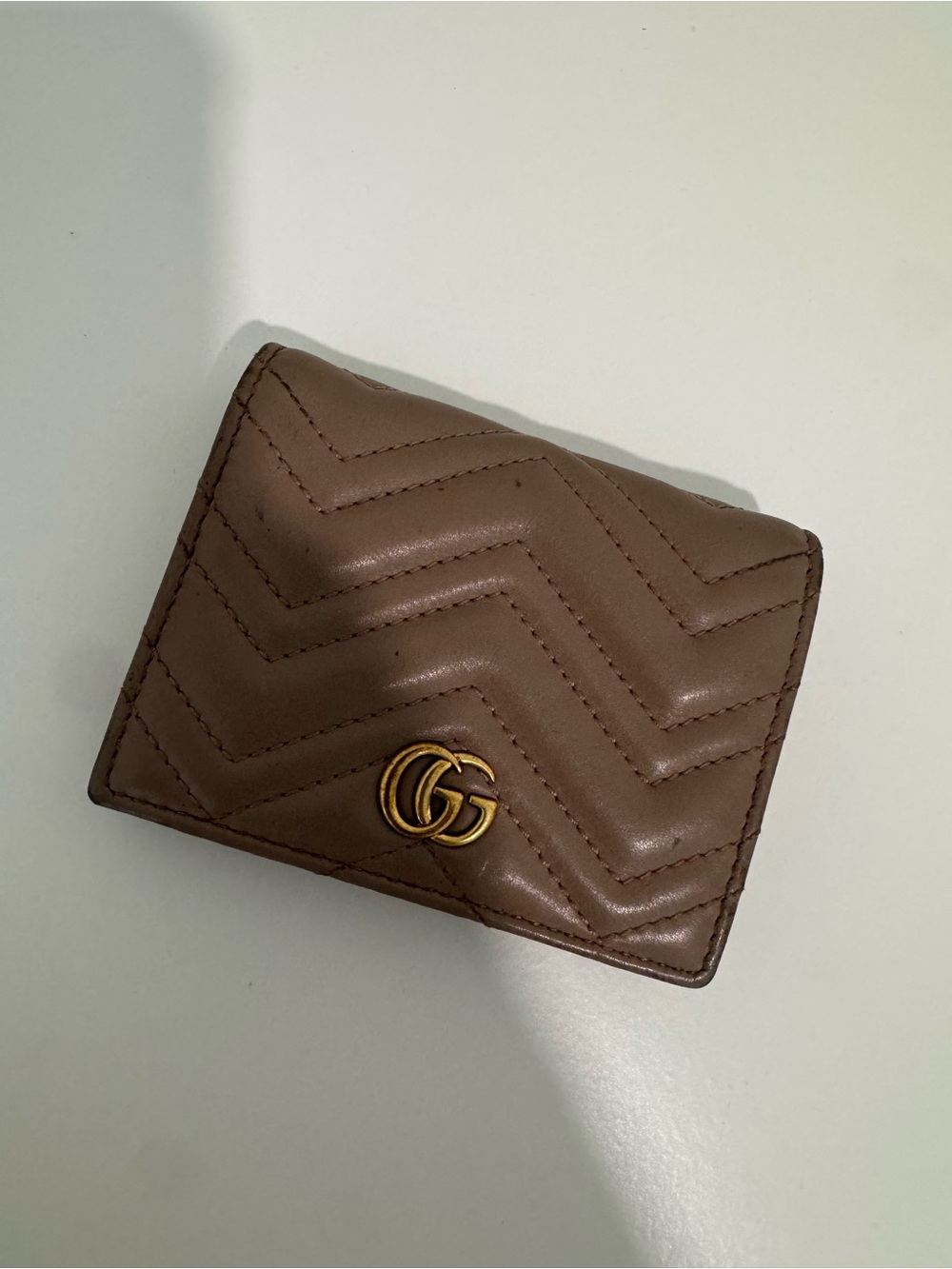 Gucci Brown Quilted Chevron Leather Card Case with Gold GG